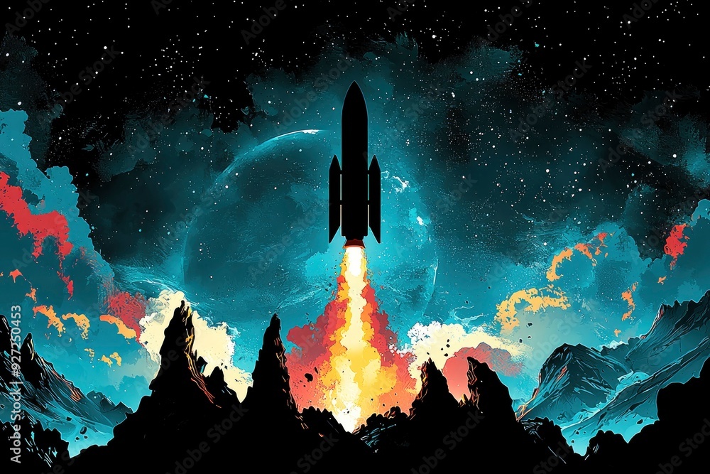 Wall mural rocket launch into space with planet in background