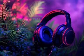 Naklejka premium Black wireless bluetooth headphones on neon light background. Music concept.