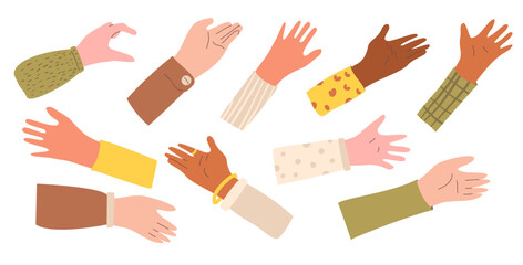 Set of hands. Palms of arms kit. Vector hand drawn flat collection illustration isolated on white background.