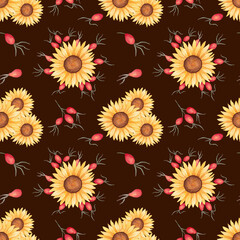 Seamless pattern of sunflower with rose hips. Watercolor illustration. Autumn botanical background with flower and berries. Hand drawn isolated art. Thanksgiving wallpaper for seasonal projects