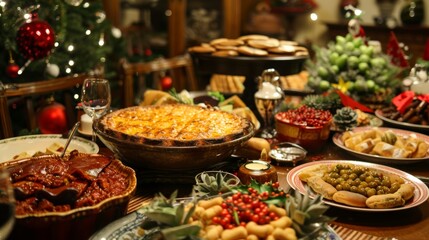 Obraz premium Traditional Spanish Christmas Dinner with Festive Dishes and Decorations for the Holiday Season