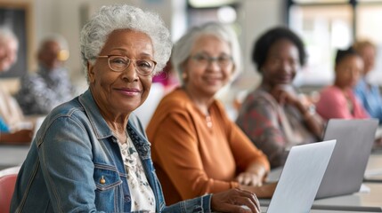 Diverse Senior Citizens Attending a Digital Literacy Class for Technology Education in a Bright Classroom