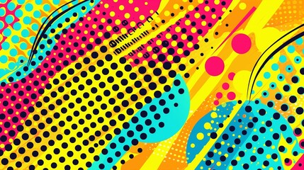 A vibrant pattern with large, colorful dots on a bright yellow background, mimicking the classic retro comic book style.