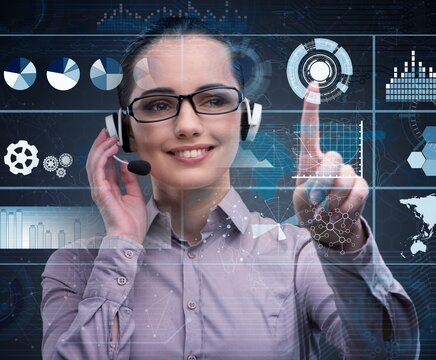 Businesswoman with headset pressing virtual buttons - Powered by Adobe