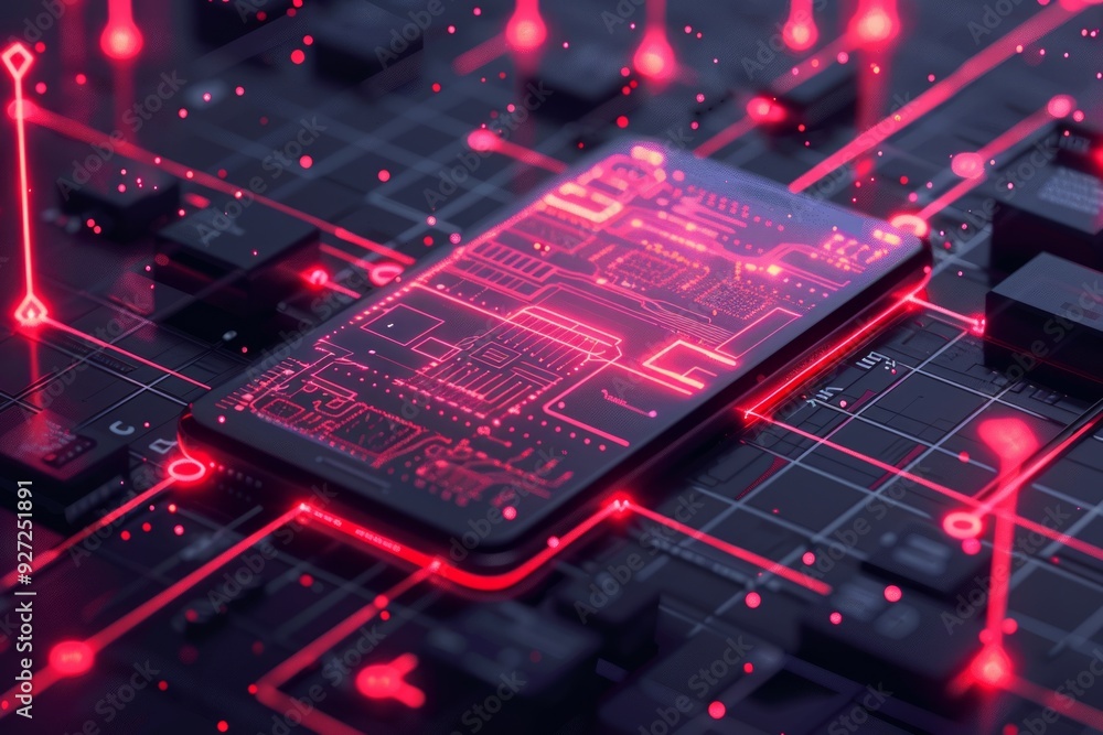 Poster a smartphone with glowing red circuitry rests on a network of circuits, symbolizing connectivity and