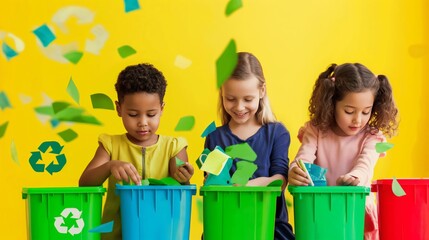 group of children holding recycling bins and sorting waste with smiles against a yellow wall decorated with environmental graphics, promoting sustainability and teamwork in a fun and colorful way