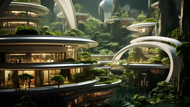 A futuristic city with a natural environment, including trees, water, and mountains. People walk and shop in this utopian cityscape. 