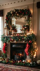 Festive Christmas Mantelpiece with Stockings, Candles, Garlands, and Ornaments for Holiday Decor