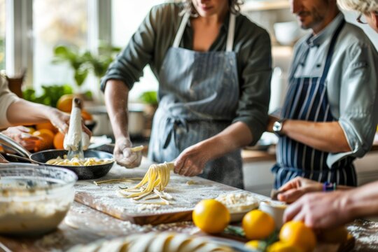 Middle-Aged Friends in Cooking Class Making Homemade Pasta with Chef - Culinary Team Building Activity