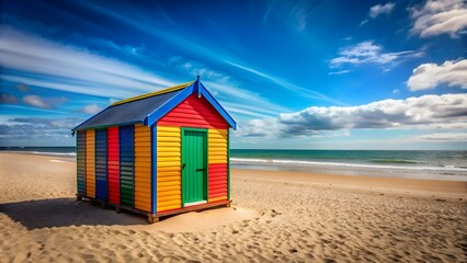 Obraz premium Colorful beach hut on sandy beach with blue sky in background, beach hut, colorful, sandy, beach, blue sky, sunny day, vacation
