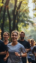 Group Charity Run in City Park with Smiling Participants Wearing Matching T-Shirts