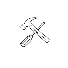 Hammer and screwdriver icon, hand drawn doodle vector