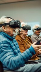 Naklejka premium Seniors Immersed in Virtual Reality Experiences: Excitement and Curiosity in a Spacious Room
