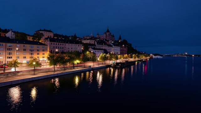 Sodermalm distict in Stockholm Sweden seen at sunrise. Time lapse clip