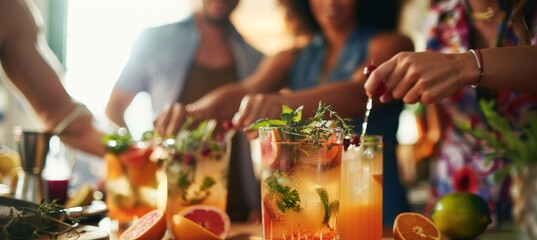 Festive Cocktails Party with Middle-Aged Friends: Creative Drink Mixing and Enjoyment