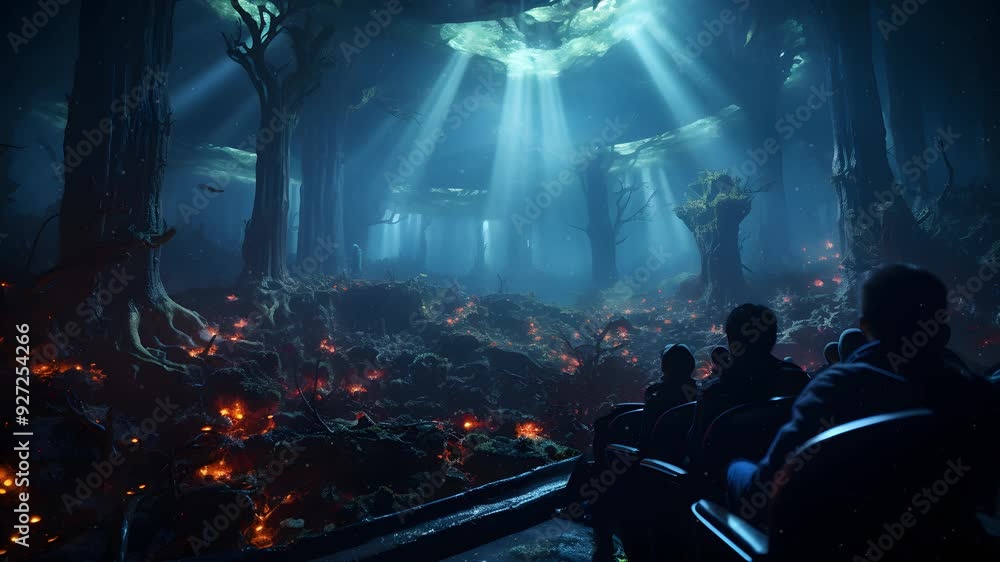 Poster a dark and mysterious forest scene is illuminated by glowing lights and beams of light from above. t