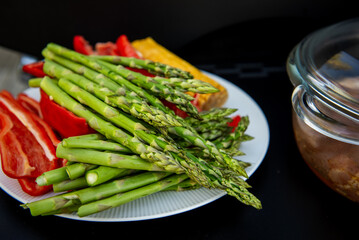 Paprika, corn cob, asparagus for grill. Vegetables prepared for grill