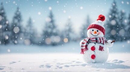 Obraz premium Striped scarf & hat adorned snowman smiles in falling snowflakes 