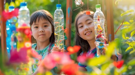 two women creating eco-friendly wind chimes from plastic bottles in a colorful garden, surrounded by flowers and green plants, capturing the essence of sustainability and creativity