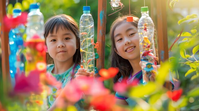 two women creating eco-friendly wind chimes from plastic bottles in a colorful garden, surrounded by flowers and green plants, capturing the essence of sustainability and creativity
