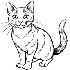 a black and white line drawing of a cat. The cat is sitting with its front paws together and its tail curled around its body. It has a friendly expression with large, round eyes, a small nose