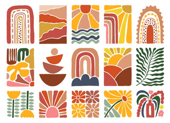 Colorful vector abstract geometric designs with nature elements matisse boho style, flowers, rainbow, sun, leaves