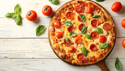 Delicious pizza served on wooden table