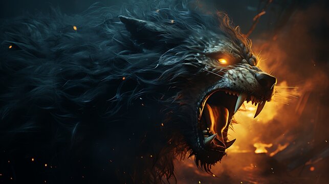 Wolf with its mouth open and teeth bared, surrounded by fire background AI Generated