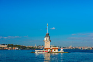 Fototapeta premium Maiden's Tower with beautiful sunrise sky in Istanbul, Turkey. (Turkish Name: KIZ KULESI). Colorful sunrise sky in Istanbul.