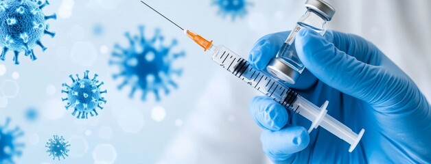 Blue and White Background with Floating Medical Test Tubes and Equipment