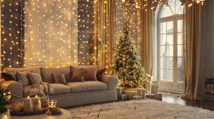 Cozy Christmas Living Room Decor with Twinkling Lights, Sparkling Tree, and Festive Garland