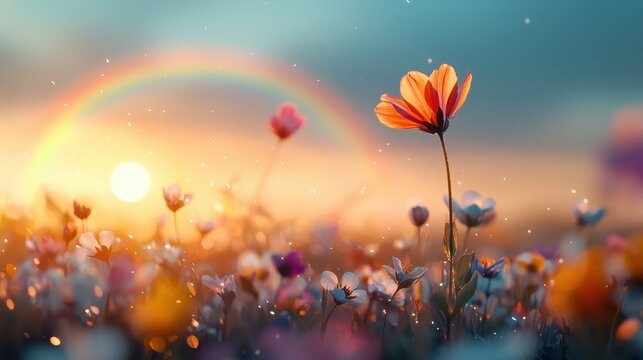 A field of blossoming flowers with a flaming rainbow arching over it to brighten the vivid colors