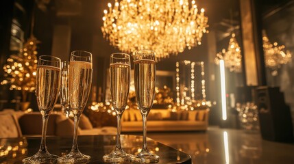 Obraz premium A luxurious party setup with golden decorations, a chandelier, and elegant champagne flutes.