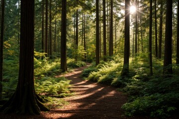 Naklejka premium Sun rays filtering through tall trees onto a tranquil woodland trail 