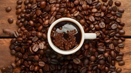 Fototapeta premium A wooden cup filled to the brim with freshly roasted coffee beans that are rich, dark brown in color.