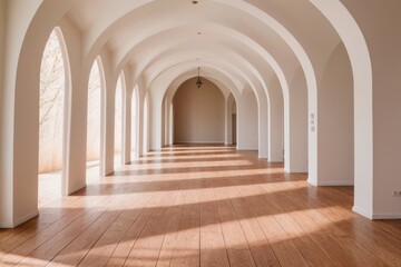 Sunlight filtering through elegant white archways onto wood floor 