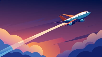 Naklejka premium an airplane flying in the sunset sky, leaving its long air trail behind