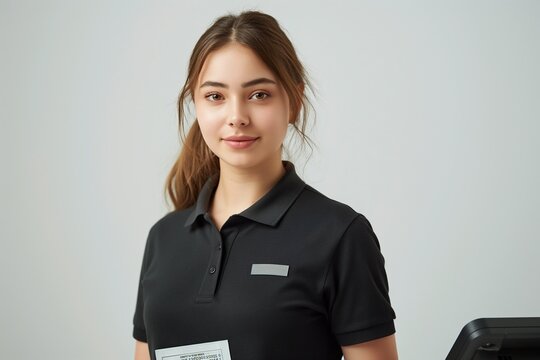 Young woman wearing a black polo shirt and a name tag, smiling at the camera.