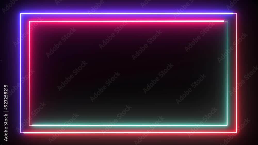 Poster bright neon multicolor effect rectangle frame loop background. glowing abstract rectangle border sha