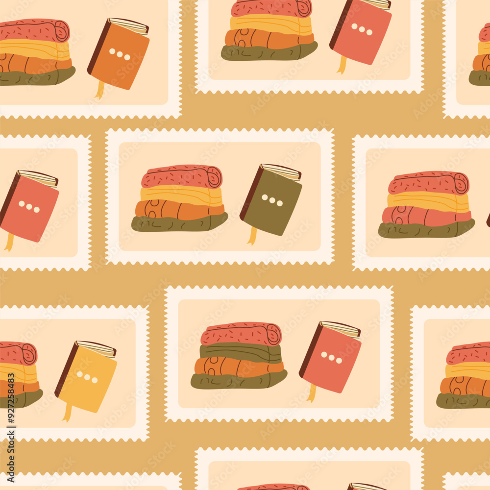 Poster cozy reading checked seamless pattern. bento box stack of warm clothes and book repeat background. c