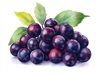 Fototapeta premium A vibrant cluster of fresh, juicy grapes adorned with green leaves, perfect for health and culinary themes.