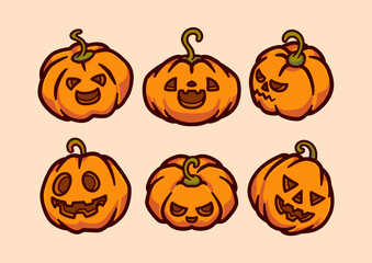 Pumpkins vector set with different angle and Facial Expression for element collection illustrations set cute characters perfect for halloween