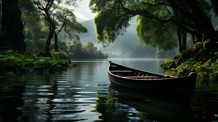 Small boat is floating on a lake surrounded by trees Nature Background AI Generated