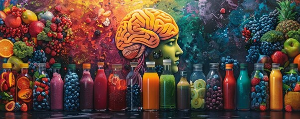 A vibrant brain illustration stands next to various colorful juice bottles and an array of fresh fruits