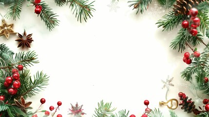 festive christmas frame with pine branches, red berries, and golden decorations on a white background with copy space