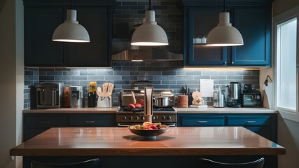 A tabletop sits amidst a softly-focused, modern kitchen with appliances and sleek countertops.