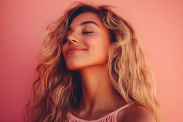 Naklejka premium A close up of a woman's face with her eyes closed and long blond hair