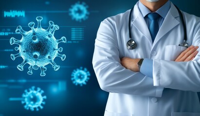 Doctor in White Coat with Arms Crossed, Medical Chart and Virus Icon on Blue Digital Board