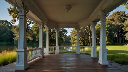 A grand, Victorian-style house with intricate details and a wrap-around porch, surrounded by towering trees and a serene lake.