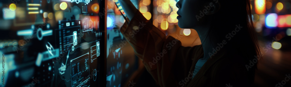 Poster young woman interacting with multiple digital screens displaying various data and information